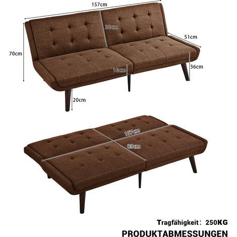 Canapé-lit futon pliable, 146 cm, avec dossier réglable 5 positions, canapé deux places moderne idéal pour les petits espaces, lit d'appoint ou salon, marron (1/5)