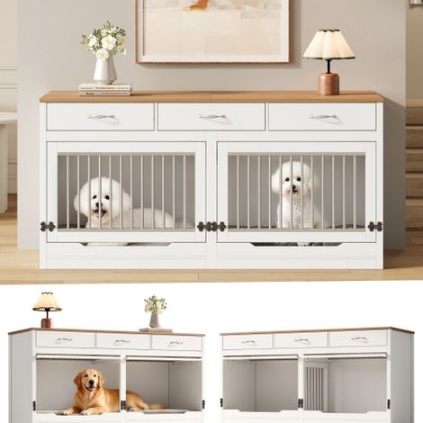Gabbia per cani in legno e metallo, per 2 cani, cuccia da interno, con serratura, porta a battente, divisorio removibile, 3 cassetti, bianca e effetto legno, di grandi dimensioni, 164×60×81 cm (1/5)