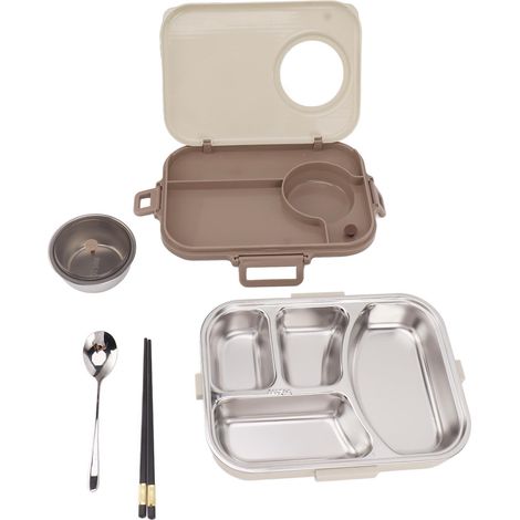 Boîte à lunch en acier inoxydable avec bol à soupe, cuillère et baguettes, beige, étanche, compartimentée 4 compartiments 1200ml, idéale pour camping et pique-nique (1/5)