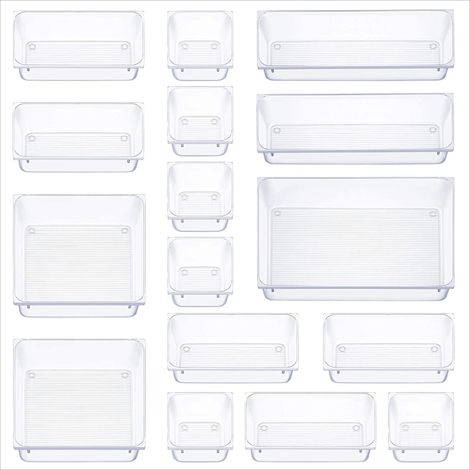 16er-Pack Schubladen-Organizer-System, Ordnungssystem mit 5 Schubladengrößen, rutschfest, transparent, Make-up-Organizer