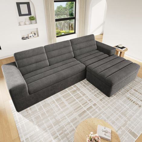 Canapé d’angle modulable 253x161x89 cm gris foncé en velours côtelé sans cadre avec repose-pieds (1/5)