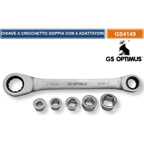 GS OPTIMUS GS4149 CHIAVE A CRICCHETTO DOPPIO ACCIAIO AL CROMO VANADIO CON 5 ADATTATORI DA 8 A 19 MM (1/3)