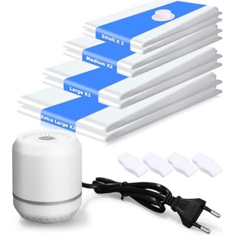 Sacs sous vide pour vêtements avec pompe électrique - Lot de 8 (2 XXL, 2 L, 2 M, 2 S) pour couette, oreiller, couverture, voyage, déménagement