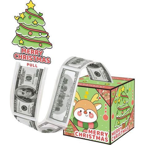 Geldziehbox mit Plastikfolie (Weihnachtsmotiv): Rentier, Weihnachtsbaum, Überraschungsgeschenk