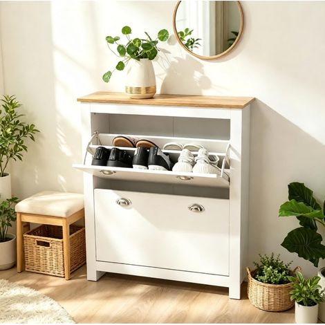 Scarpiera 79 x 23 x 90,5 cm rovere e bianco con 2 ante a ribalta e ripiani regolabili (1/5)
