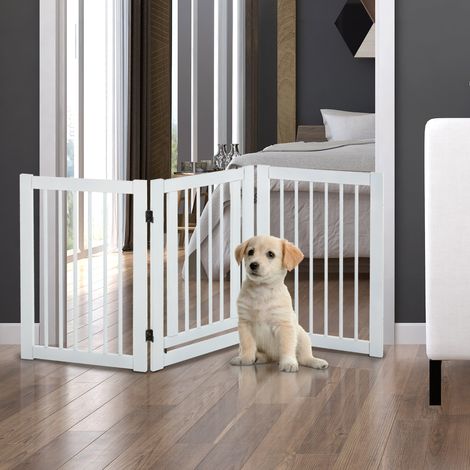 Barrière pour chien autoportante et réglable avec pieds, 155 x 76 cm, en bois, pliable, idéale pour les escaliers, les portes, la cuisine et le couloir. Composée de 3 panneaux et de blanc. (1/5)