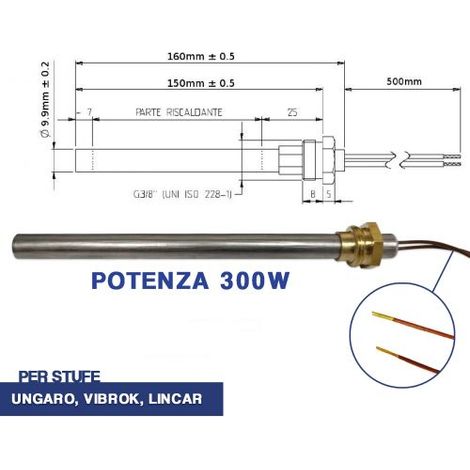 CANDELETTA ACCENSIONE STUFA PELLET RESISTENZA D 10 X 150 300W A VITE 3/8 (04055)