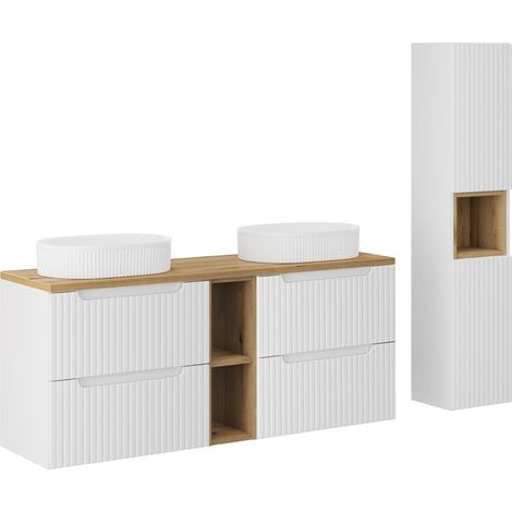 Doppelwaschtisch und Hängesäule 140.4cm Riva mit 4 Schubladen, Weiß und Holzoptik