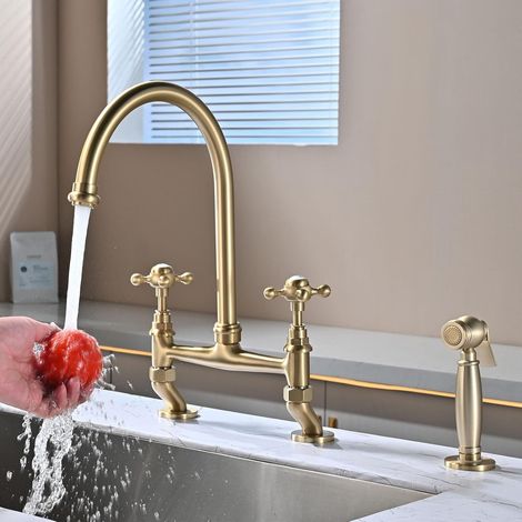 Robinet de Cuisine avec Douchette Latérale, Rétro Cuisine Robinet, 3 Trous 2 Poignée Transversale Mitigeur Cuisine pour Eau Froide et Chaude, Laiton (1/5)