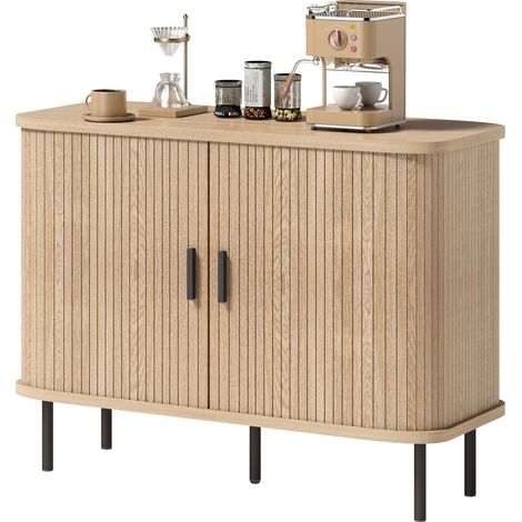 Buffet salon, meuble de rangement avec 2 portes coulissantes en tambour à lattes et 4 compartiments, chêne