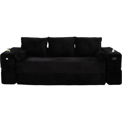 Sofá cama de 3 plazas en pana negra con espuma de alta densidad y muelles, MODENUIT (1/5)