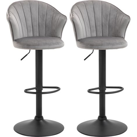 Pack de 2 taburetes de bar giratorios ajustables en altura con respaldo de terciopelo gris (1/5)