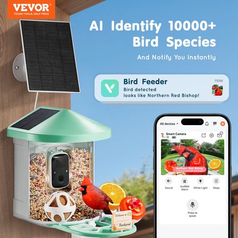 Mangeoire Oiseaux avec Caméra Intelligente 2K HD AI Caméra Identifie 10000 Espèces d'Oiseaux, 3 Panneaux Solaires, Capture Auto, No… (1/5)