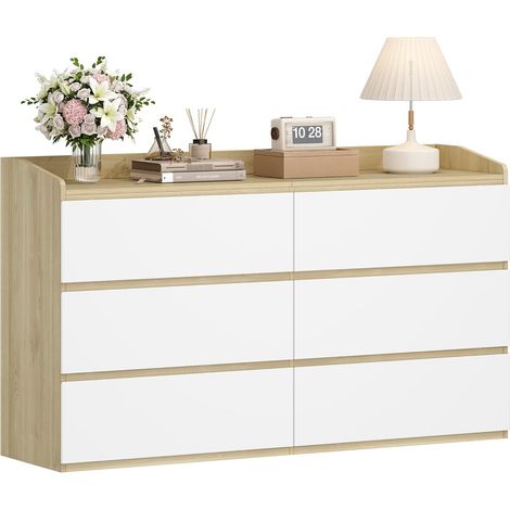 Commode 138 cm, Commode à 6 tiroirs, Meuble de Rangement, Casier avec rambarde supérieure, Style Moderne, Convient pour Le Salon et la Chambre,Couleur Chêne-Blanc