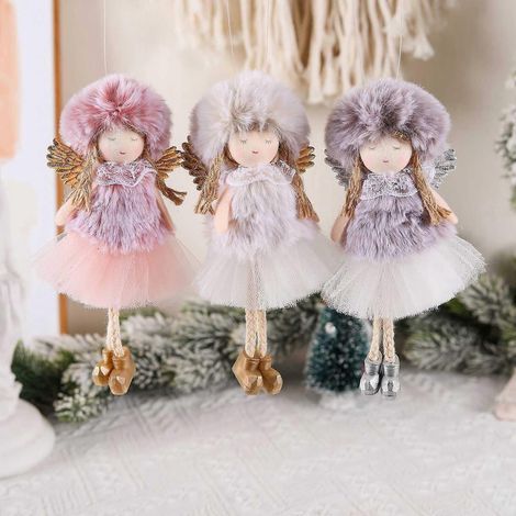 Ange de Noël à suspendre pour poupée, portant un chapeau rond et une jupe en laine (lot de 3), décoration de porte pour la maison, cadeau pour fille (1/4)