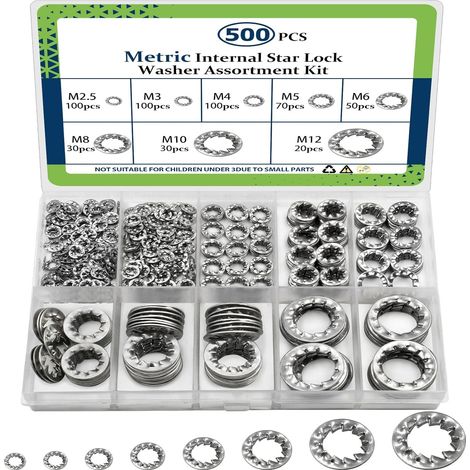 Lot de 500 Rondelles Crantées Internes M6-M12 en Acier Inoxydable 304, Kit d'Assortiment Métrique pour Fixation Automobile et Bricolage (1/5)