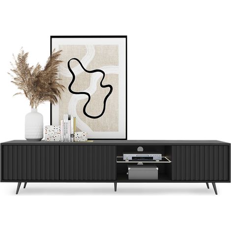 Selsey – Meuble TV 3 portes led 175 cm – Noir avec pieds en acier – Éclairage LED intégré – Rangement optimisé pour écran jusqu'à 75''