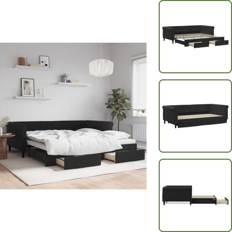 The Living Store Tagesbett Ausziehbar mit Schubladen Schwarz 100x200 cm Samt - Sofa - Schlafcouch - Gästebett - Tagesbett - Wohnzimmermöbel (1/5)