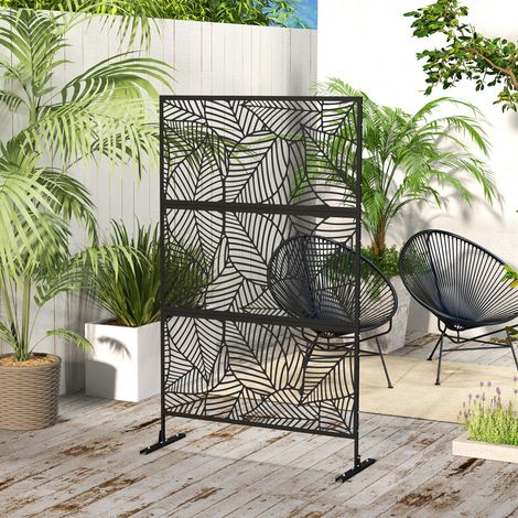 Panneau brise vue décoratif paravent extérieur noir à motif végétal en métal - 122 x 45 x 198 cm, noir