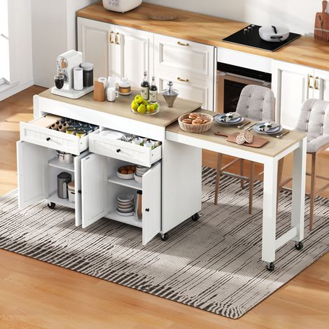 Isla de cocina 112x45x92.2 cm blanco y natural en MDF con encimera extensible y ruedas (1/5)