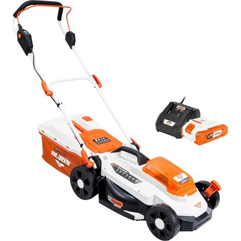 RURIS Tondeuse à Gazon sans fil RXI3324e - Largeur de Coupe 33 cm, Hauteur 25-75 mm, Fonction 3-en-1 (Ramassage, Éjection Arrière, Mulching) (1/5)