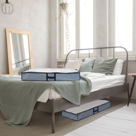 Relaxdays Unterbettkommode 2er Set, Stoff, HxBxT: 14x100x50 cm, mit Sichtfenster, Unterbettbox flach, grau/transparent
