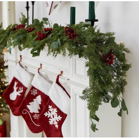 Weihnachtskranz, Künstliche Girlande, Winterlicher Roter Beerenkranz, Künstliche Eukalyptus Kränze Für Innen- Und Außendekoration Bei Winterfesten (192 cm) (1/5)