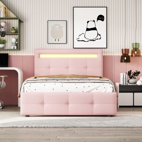 Lit capitonné 90x200 cm avec éclairage LED intégré, 2 tiroirs de rangement, housse en lin doux et agréable, couchage simple à plat, pour enfant, adolescent ou invité (teinte rose) (1/5)