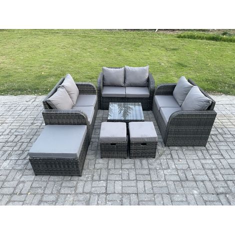 Fimous 9 places Ensemble de meubles de jardin en rotin avec Table basse carrée Love Sofa 3 Tabourets (1/5)