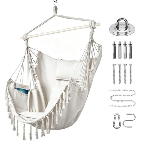 Chaise hamac avec 2 Coussins et Coussin de Cou,Grande Taille hamac siège balançoire avec Poche latérale et Tige en Acier Durable, Fauteuil Suspendu pour Chambre à Coucher terrasse (Beige)