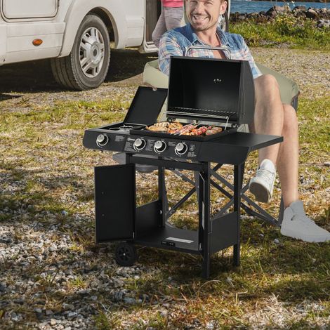 Barbecue à gaz avec 3 brûleurs principaux + 1 brûleur latéral, étagère de rangement, acier inoxydable, noir, 110 x 50 x 100 cm (1/5)