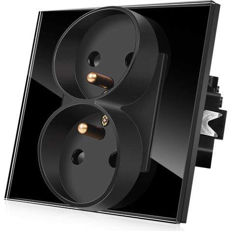 Double prise de courant Encastrable dans une boîte simple - Fixation par vis et griffes -Prise murale standard avec cadre en verre - Couleur Noir (1/5)