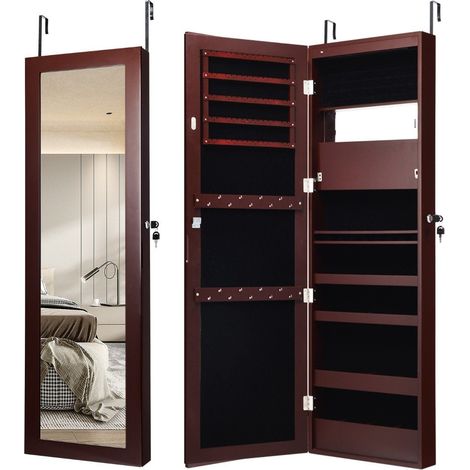 Armario joyero con espejo mueble cosmetico con estantes forrados ganchos y compartimentos marron