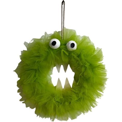 Grüner Halloween-Kranz aus Netzgewebe mit dekorativen Augen und Zähnen, perfekt zum Dekorieren von Haustür, Wand, Wohnung und Party. (1/4)