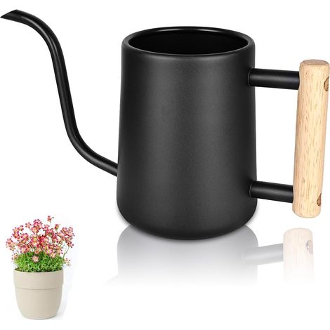 Arrosoir, Arrosoir en Acier Inoxydable 1L, Petit Arrosoir pour Plantes Extérieures, Arrosoir Plante Interieur avec Long Bec et Poignée en Bois, pour Plantes Extérieures, Plantes Succulentes (Noir) (1/5)