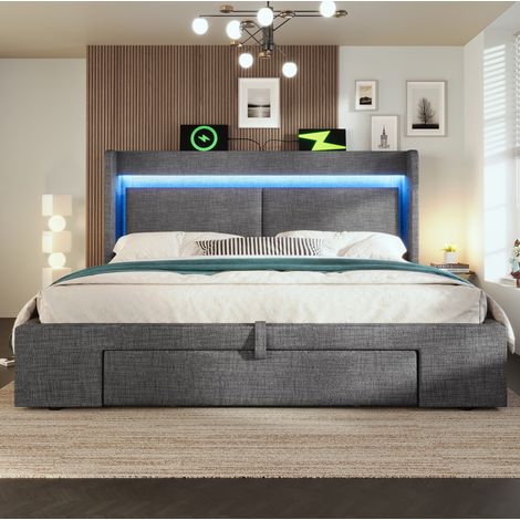 Cama dormitorio 160x200 con almacenamiento LED HAVRYA (1/5)