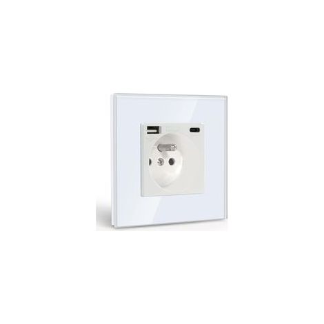 Wandsteckdose mit USB- und 1 Typ-C-Anschluss, 16-A-Wechselstromsteckdose mit Glasabdeckung, Wandsteckdosenleiste max. 2,1 A, geeignet für Smartphones und Tablets (weiß, Zweierpackung) (1/5)