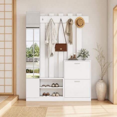 Mobile portascarpe da ingresso con specchio 135 x 25 x 180 cm, bianco DESVIAE (1/5)