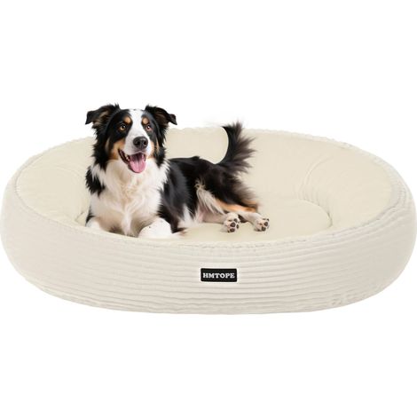 Lit pour chien et chat, de taille moyenne, coussin douillet, panier rond en velours côtelé, donut, canapé pour chien, amovible et antidérapant, diamètre 80 cm, beige (1/5)