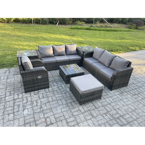 Fimous Salon de jardin exterieur avec Canapés Table basse carrée Chaise inclinable 2 Tables d'appoint Grand tabouret Gris foncé mixte (1/5)