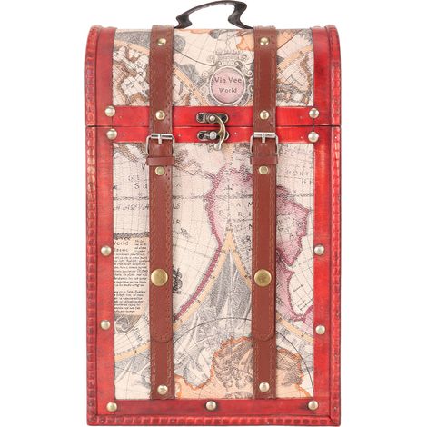 Coffret à vin ancien avec couvercle et poignée, motif carte vintage décorative, capacité 2 bouteilles, boîte à vin rétro pour maison (1/5)