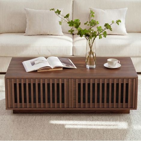 Mesa de centro rectangular 100 x 50 x 35 cm con almacenaje, 2 puertas, color nogal DESVIAE (1/5)