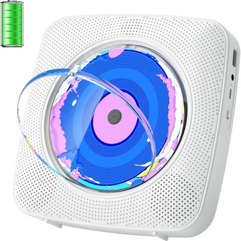 Lecteur CD Portable Bluetooth: Lecteur CD Enfant Bluetooth Blanc Lecteur CD Radio mural avec Haut-Parleur et batterie rechargeable de 1800mAh et Télécommande Prise USB AUX 3,5 mm (1/5)