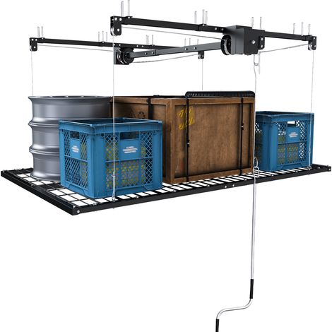 Étagère de plafond pour garage 120 x 240 cm à manivelle, acier noir, charge 136 kg, pour hauteurs de 3 à 3,6 m, rangement sécurisé et gain de place - CHICFURN
