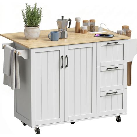 HOMCOM isla de cocina con encimera extensible, estación de carga, ruedas, 2 puertas, 3 cajones, estantes ajustables, especiero y toallero, blanco (1/5)