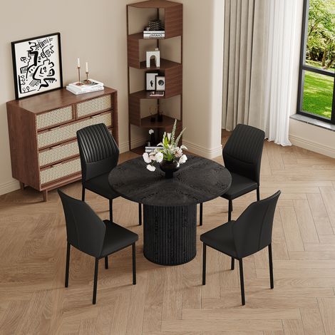 Ensemble table et chaises: table à manger MDF ronde 100 cm avec plateau noir, pieds cylindriques et système de fixation auto-agrippant, avec en plus 4 chaises de salle à manger noires avec dossier PU 