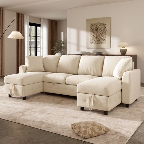 Sofá cama en U con almacenaje, chenilla beige 260 x 128 x 82 cm OKMYHOME (1/5)