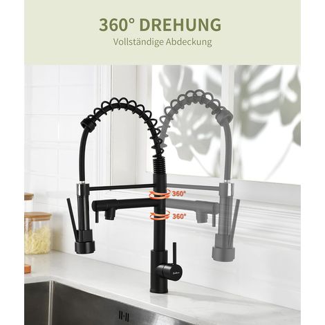 Mitigeur cuisine noir inox 304 – Douchette extractible, double jet – Pivotant 360°, nettoyage tout autour (1/5)