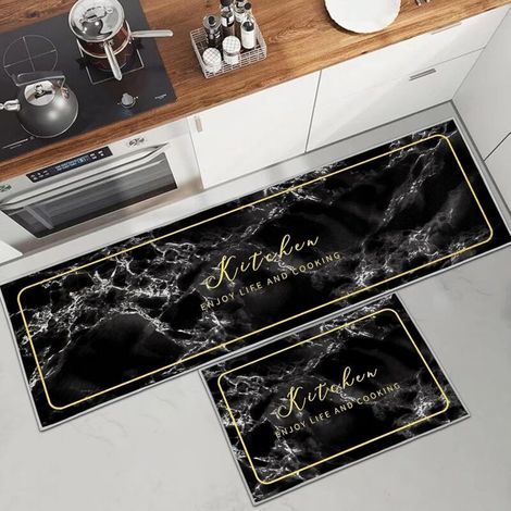 (C)Tapis de Cuisine antidérapant et Lavable 2 pièces, Marbre Doré Antiderapant Tapis de Cuisine Devant evier pour Cuisine, buanderie, Salon (1/5)