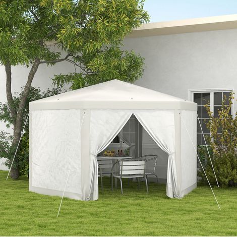Tonnelle hexagonale 394x341,2x250 cm en métal et polyester ivoire avec moustiquaire – MEUBLIV (1/5)